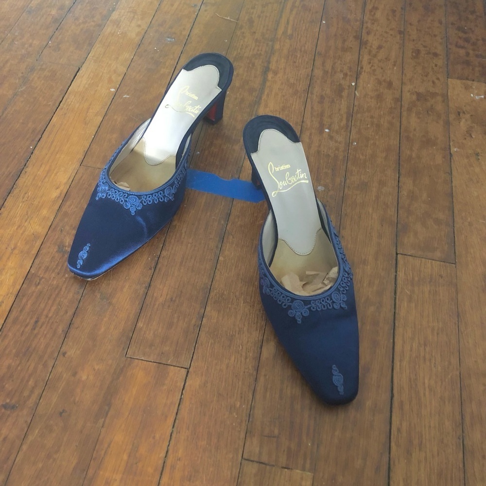 Christian Louboutin 36.5 Navy Satin Low Heel Mule Slide 2000 1998 Maysale
